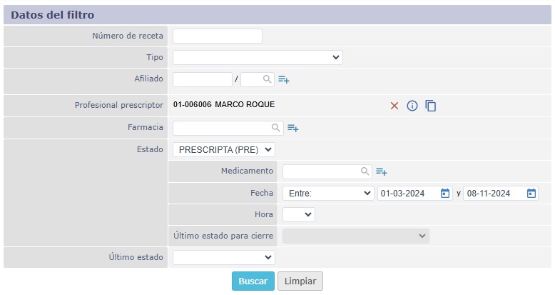 menú Farmacia - opción Consultar - Filtro