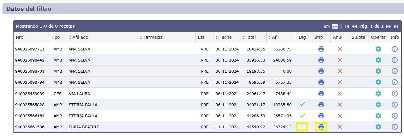 menú Farmacia - opción Consultar - lista de recetas